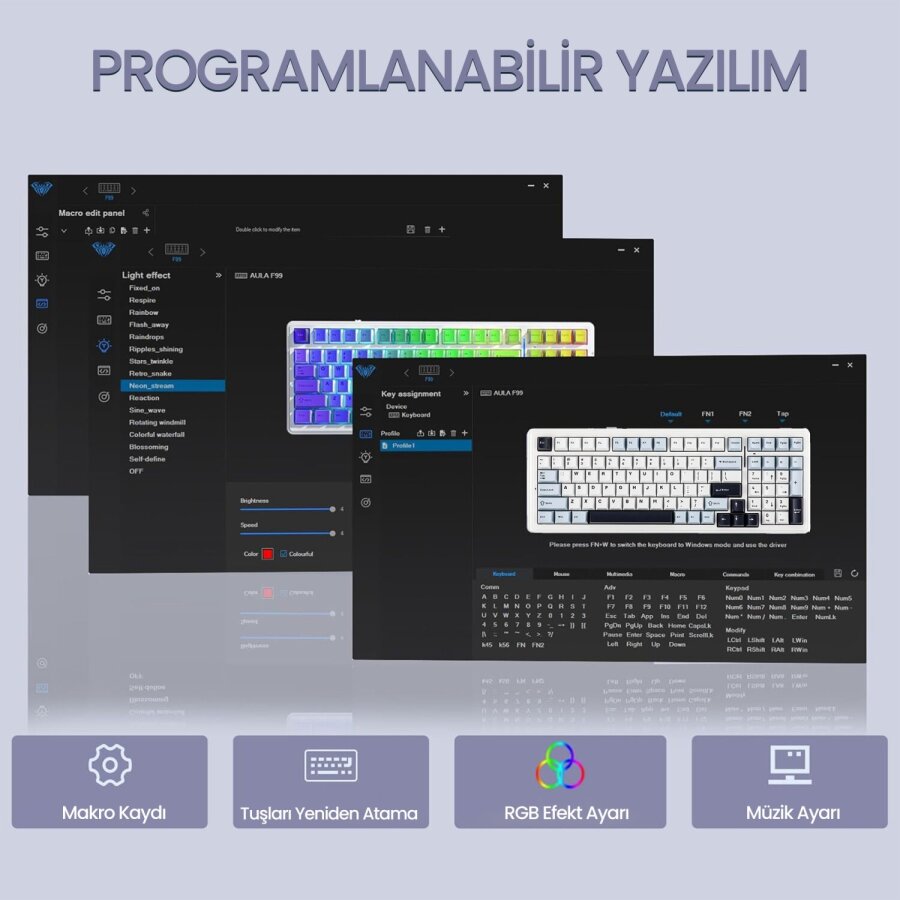 Aula F99 3 Modlu RGB Hot Swap Mekanik Reaper Switch Kablosuz Makrolu Klavye Lacivert - 10