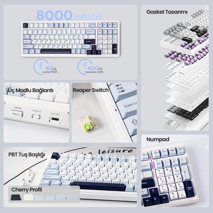 Aula F99 3 Modlu RGB Hot Swap Mekanik Reaper Switch Kablosuz Makrolu Klavye Lacivert - 4