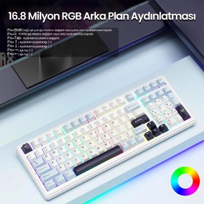 Aula F99 3 Modlu RGB Hot Swap Mekanik Reaper Switch Kablosuz Makrolu Klavye Lacivert - 8