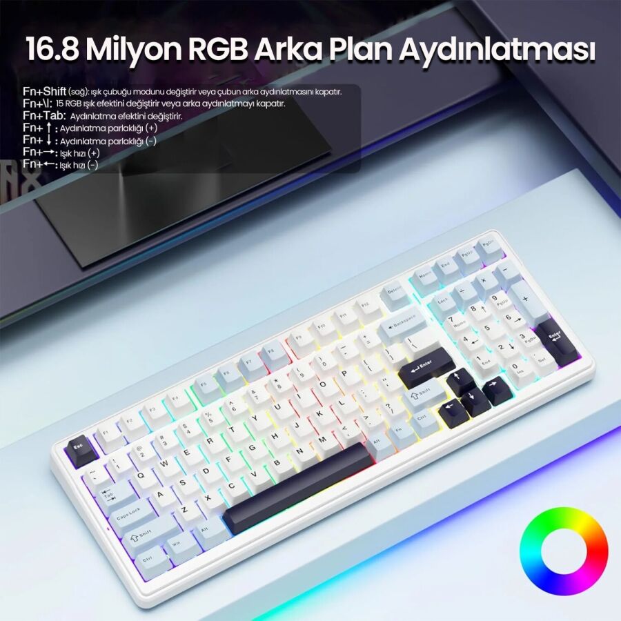 Aula F99 3 Modlu RGB Hot Swap Mekanik Reaper Switch Kablosuz Makrolu Klavye Lacivert - 8