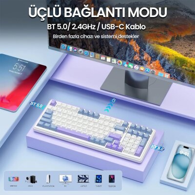 Aula F99 3 Modlu RGB Hot Swap Mekanik Reaper Switch Kablosuz Makrolu Klavye Mavi - 5