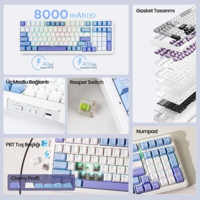 Aula F99 3 Modlu RGB Hot Swap Mekanik Reaper Switch Kablosuz Makrolu Klavye Mavi - 6