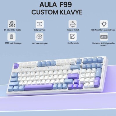 Aula F99 3 Modlu RGB Hot Swap Mekanik Reaper Switch Kablosuz Makrolu Klavye Mavi - 7