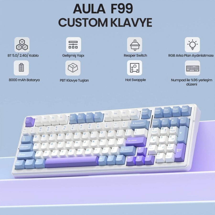 Aula F99 3 Modlu RGB Hot Swap Mekanik Reaper Switch Kablosuz Makrolu Klavye Mavi - 7