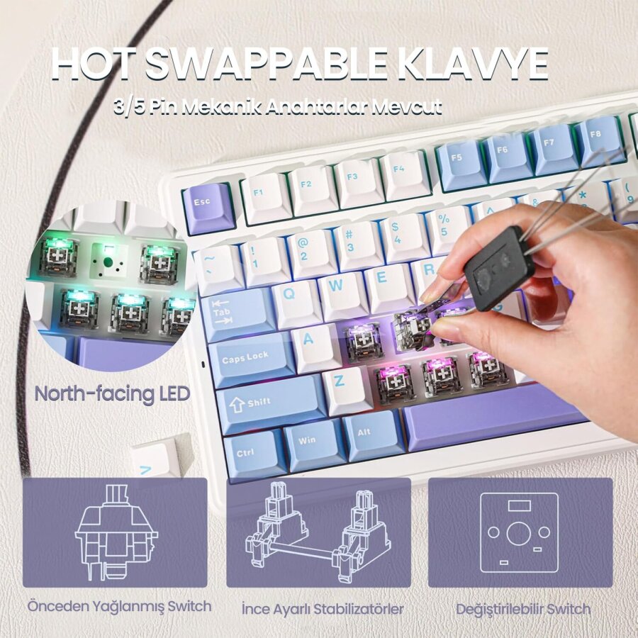 Aula F99 3 Modlu RGB Hot Swap Mekanik Reaper Switch Kablosuz Makrolu Klavye Mavi - 8
