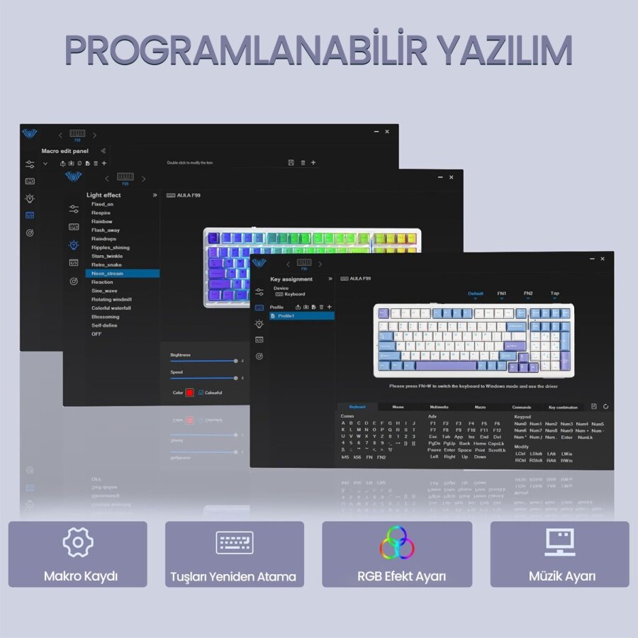 Aula F99 3 Modlu RGB Hot Swap Mekanik Reaper Switch Kablosuz Makrolu Klavye Mavi - 9