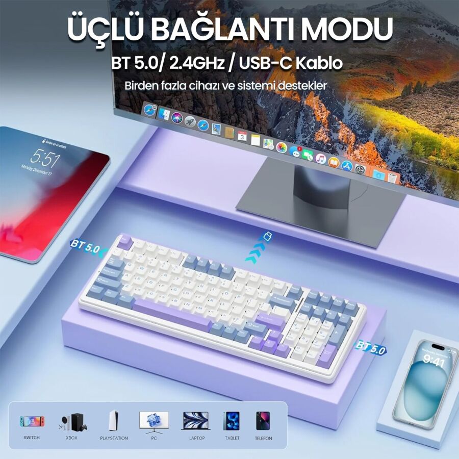 Aula F99 3 Modlu RGB Hot Swap Mekanik Reaper Switch Kablosuz Makrolu Klavye Mavi - 5