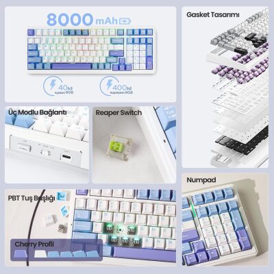 Aula F99 3 Modlu RGB Hot Swap Mekanik Reaper Switch Kablosuz Makrolu Klavye Mavi - 6