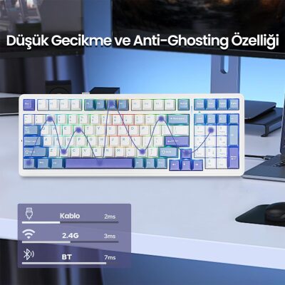 Aula F99 3 Modlu RGB Hot Swap Mekanik Reaper Switch Kablosuz Makrolu Klavye Mavi - 10