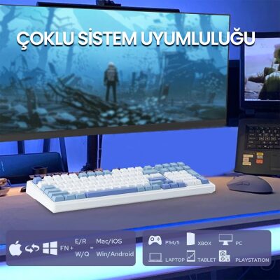 Aula F99 3 Modlu RGB Hot Swap Mekanik Reaper Switch Kablosuz Makrolu Klavye Mavi - 11