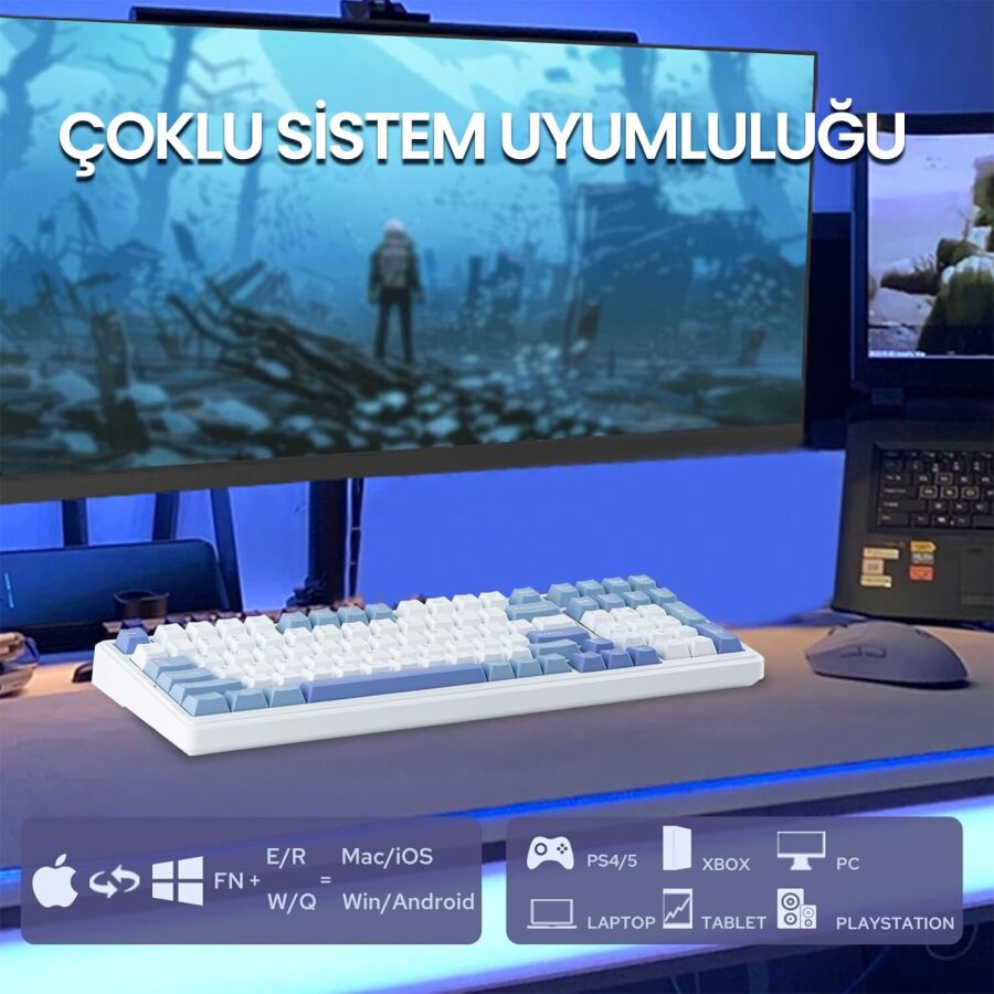 Aula F99 3 Modlu RGB Hot Swap Mekanik Reaper Switch Kablosuz Makrolu Klavye Mavi - 11