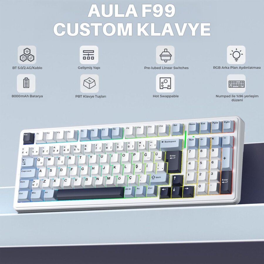 Aula F99 Mekanik RGB Hot Swap GrayWood V4 Switch 3 Modlu Kablosuz Makrolu Türkçe Q Klavye Lacivert - 2