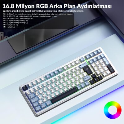 Aula F99 Mekanik RGB Hot Swap GrayWood V4 Switch 3 Modlu Kablosuz Makrolu Türkçe Q Klavye Lacivert - 5