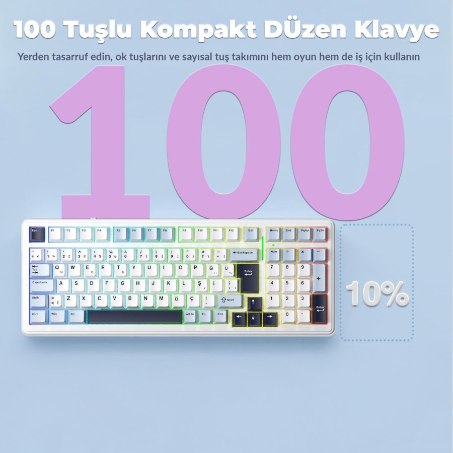 Aula F99 Mekanik RGB Hot Swap GrayWood V4 Switch 3 Modlu Kablosuz Makrolu Türkçe Q Klavye Lacivert - 8