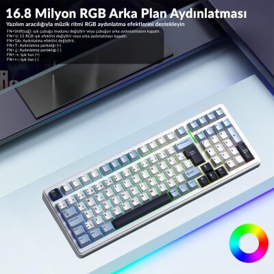 Aula F99 Mekanik RGB Hot Swap GrayWood V4 Switch 3 Modlu Kablosuz Makrolu Türkçe Q Klavye Lacivert - 5