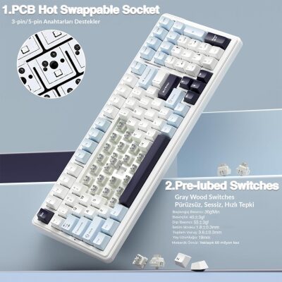 Aula F99 Mekanik RGB Hot Swap GrayWood V4 Switch 3 Modlu Kablosuz Makrolu Türkçe Q Klavye Lacivert - 6