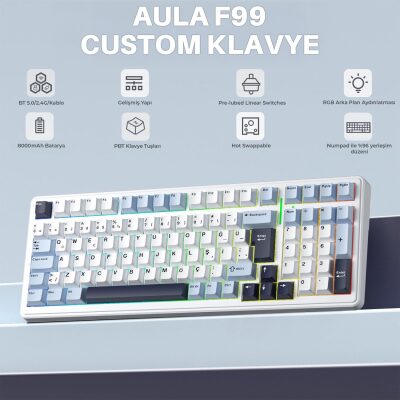 Aula F99 Mekanik RGB Hot Swap GrayWood V4 Switch 3 Modlu Kablosuz Makrolu Türkçe Q Klavye Lacivert - 2
