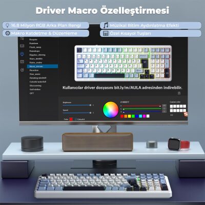 Aula F99 Mekanik RGB Hot Swap GrayWood V4 Switch 3 Modlu Kablosuz Makrolu Türkçe Q Klavye Lacivert - 4