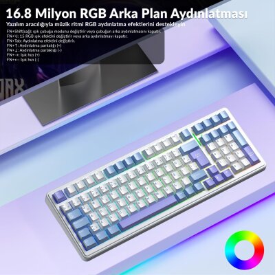 Aula F99 Mekanik RGB Hot Swap GrayWood V4 Switch 3 Modlu Kablosuz Makrolu Türkçe Q Klavye Mavi - 5