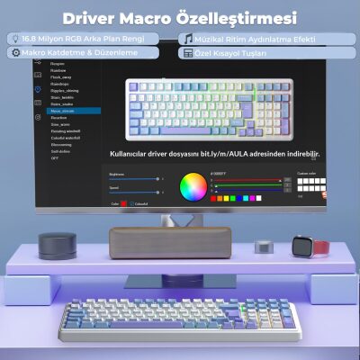 Aula F99 Mekanik RGB Hot Swap GrayWood V4 Switch 3 Modlu Kablosuz Makrolu Türkçe Q Klavye Mavi - 4