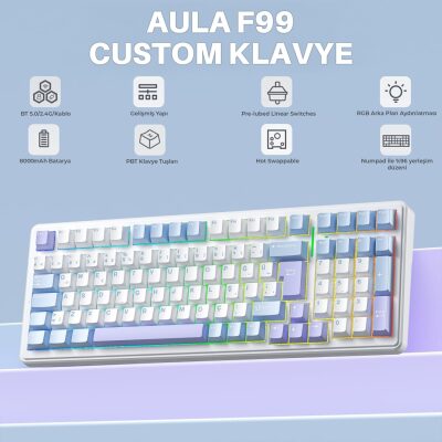 Aula F99 Mekanik RGB Hot Swap GrayWood V4 Switch 3 Modlu Kablosuz Makrolu Türkçe Q Klavye Mavi - 2