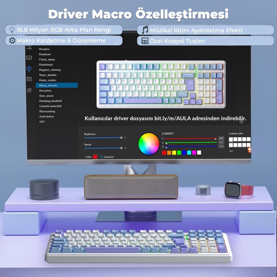 Aula F99 Mekanik RGB Hot Swap GrayWood V4 Switch 3 Modlu Kablosuz Makrolu Türkçe Q Klavye Mavi - 4