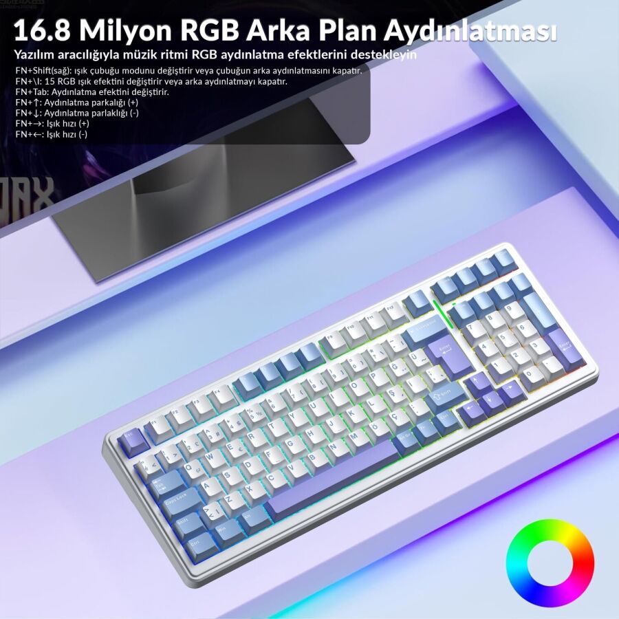 Aula F99 Mekanik RGB Hot Swap GrayWood V4 Switch 3 Modlu Kablosuz Makrolu Türkçe Q Klavye Mavi - 5
