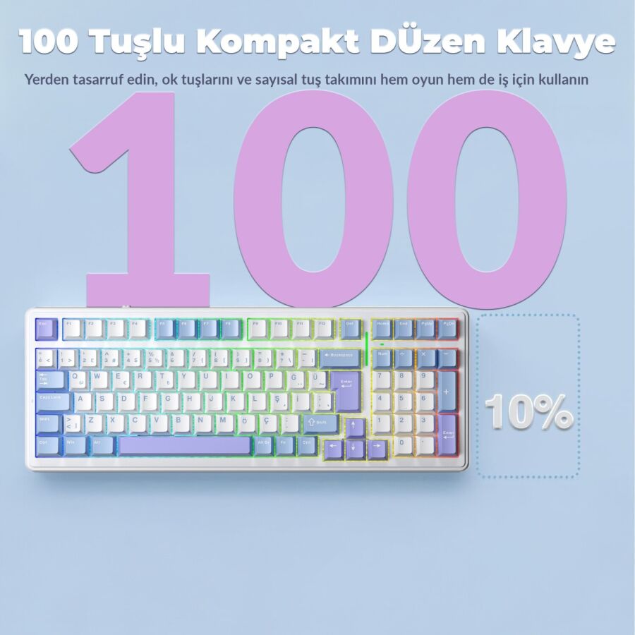 Aula F99 Mekanik RGB Hot Swap GrayWood V4 Switch 3 Modlu Kablosuz Makrolu Türkçe Q Klavye Mavi - 8