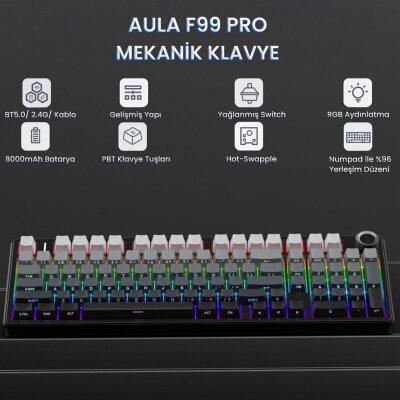 Aula F99 Pro 3 Modlu Mekanik Gaming Kablosuz Klavye RGB Hot Swap Nimbus V3 Switch Makrolu Oyuncu Klavyesi Gradyan Gri - 2