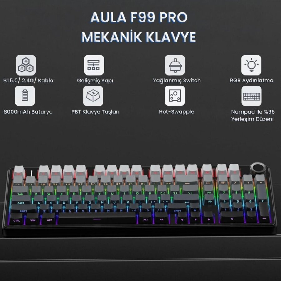 Aula F99 Pro 3 Modlu Mekanik Gaming Kablosuz Klavye RGB Hot Swap Nimbus V3 Switch Makrolu Oyuncu Klavyesi Gradyan Gri - 2