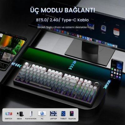 Aula F99 Pro 3 Modlu Mekanik Gaming Kablosuz Klavye RGB Hot Swap Nimbus V3 Switch Makrolu Oyuncu Klavyesi Gradyan Gri - 3