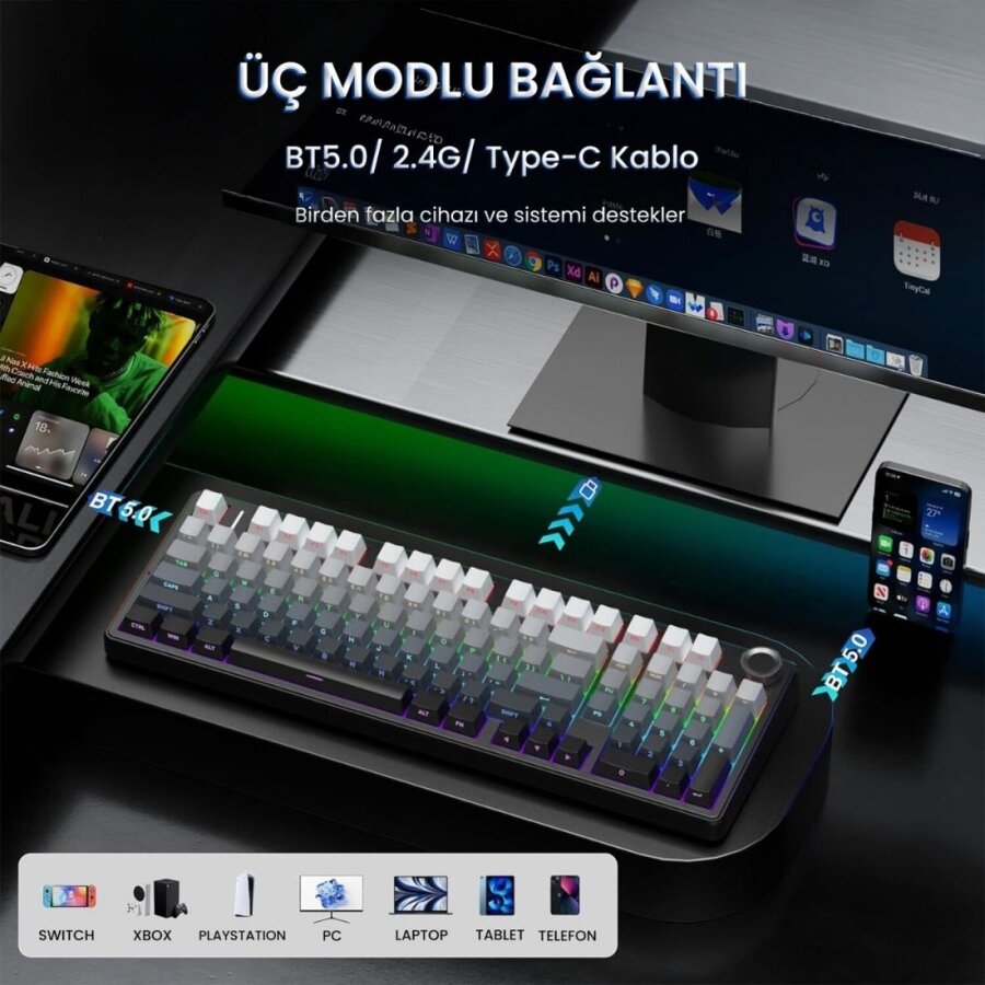 Aula F99 Pro 3 Modlu Mekanik Gaming Kablosuz Klavye RGB Hot Swap Nimbus V3 Switch Makrolu Oyuncu Klavyesi Gradyan Gri - 3