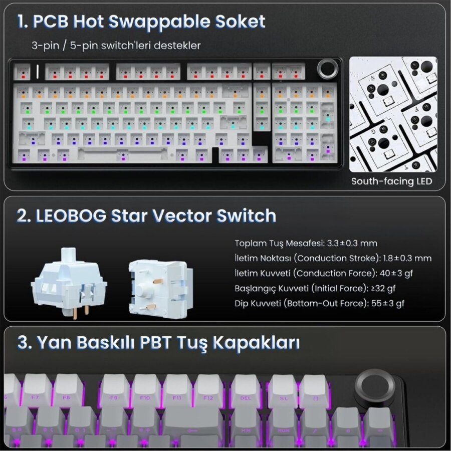 Aula F99 Pro 3 Modlu Mekanik Gaming Kablosuz Klavye RGB Hot Swap Nimbus V3 Switch Makrolu Oyuncu Klavyesi Gradyan Gri - 7