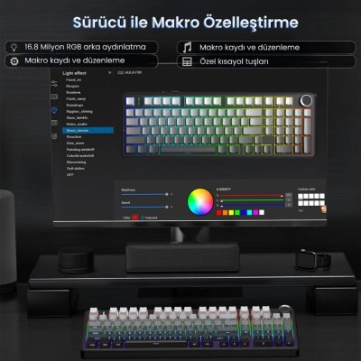 Aula F99 Pro 3 Modlu Mekanik Gaming Kablosuz Klavye RGB Hot Swap Nimbus V3 Switch Makrolu Oyuncu Klavyesi Gradyan Gri - 8
