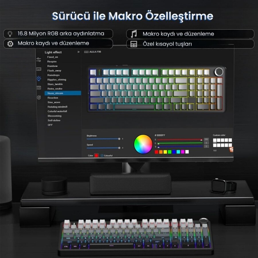 Aula F99 Pro 3 Modlu Mekanik Gaming Kablosuz Klavye RGB Hot Swap Nimbus V3 Switch Makrolu Oyuncu Klavyesi Gradyan Gri - 8