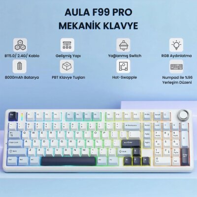 Aula F99 Pro 3 Modlu Mekanik Gaming Kablosuz Klavye RGB Hot Swap Star Vector Switch Makrolu Oyuncu Klavyesi Lacivert - 2