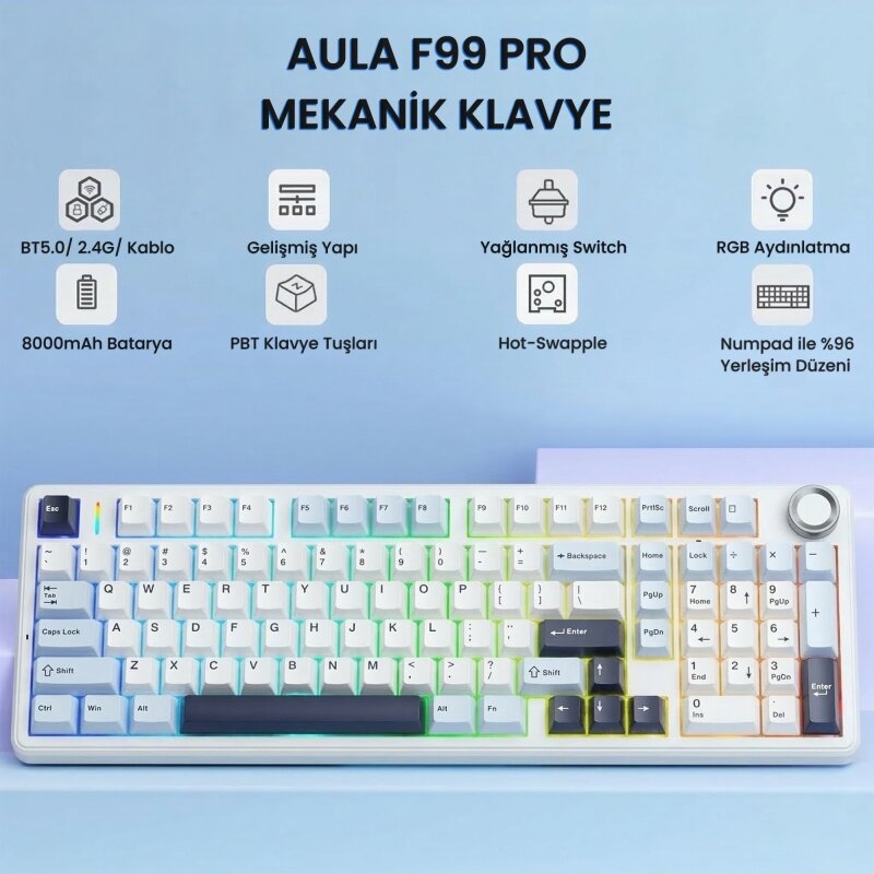 Aula F99 Pro 3 Modlu Mekanik Gaming Kablosuz Klavye RGB Hot Swap Star Vector Switch Makrolu Oyuncu Klavyesi Lacivert - 2