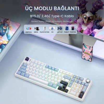 Aula F99 Pro 3 Modlu Mekanik Gaming Kablosuz Klavye RGB Hot Swap Star Vector Switch Makrolu Oyuncu Klavyesi Lacivert - 3