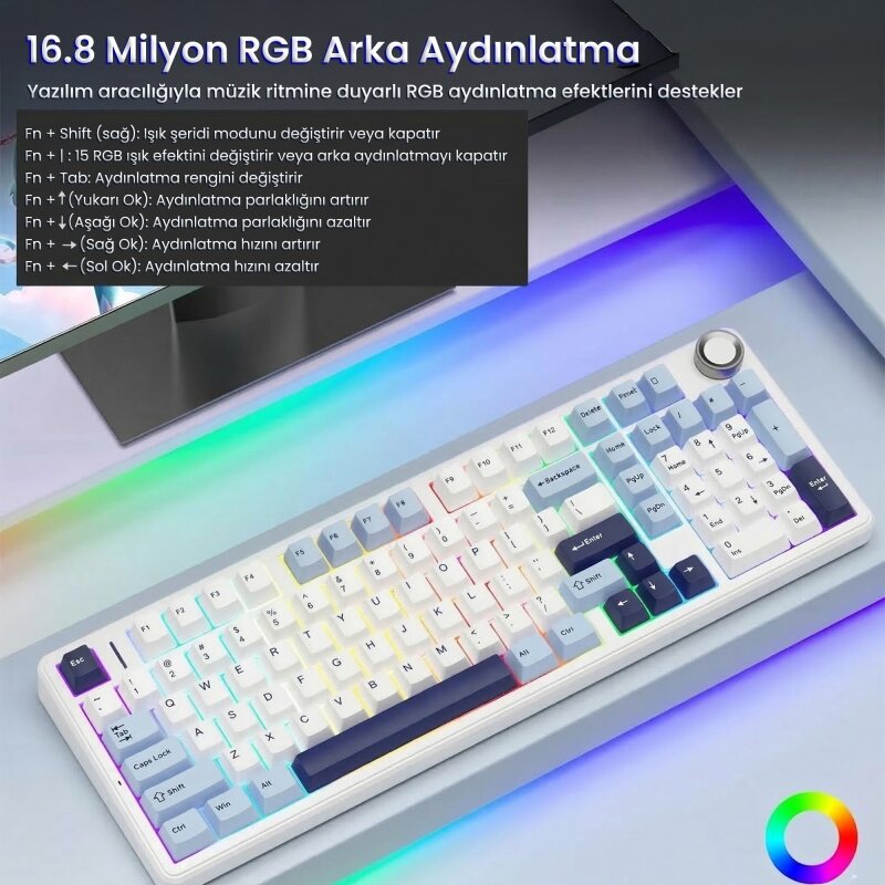 Aula F99 Pro 3 Modlu Mekanik Gaming Kablosuz Klavye RGB Hot Swap Star Vector Switch Makrolu Oyuncu Klavyesi Lacivert - 4