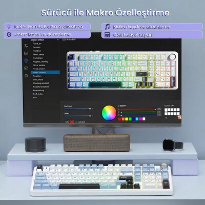 Aula F99 Pro 3 Modlu Mekanik Gaming Kablosuz Klavye RGB Hot Swap Star Vector Switch Makrolu Oyuncu Klavyesi Lacivert - 6