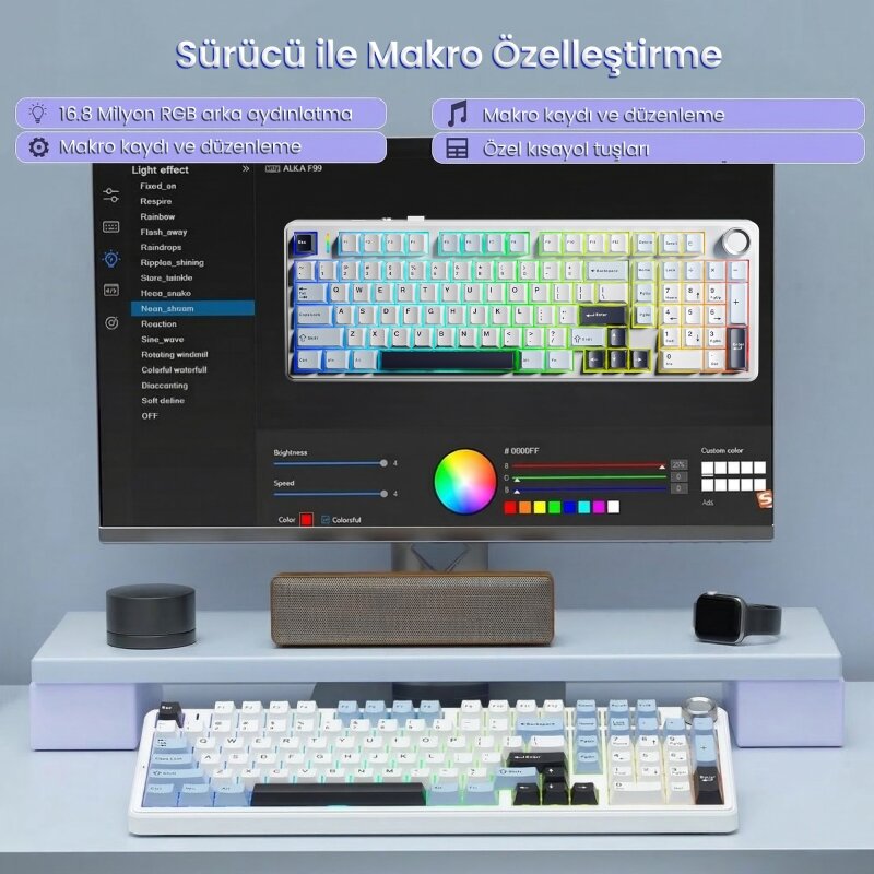 Aula F99 Pro 3 Modlu Mekanik Gaming Kablosuz Klavye RGB Hot Swap Star Vector Switch Makrolu Oyuncu Klavyesi Lacivert - 6
