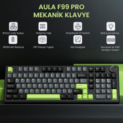 Aula F99 Pro 3 Modlu RGB Hot Swap Mekanik GrayWood V3 Switch Kablosuz Makrolu Gaming Klavye Yeşil - 3