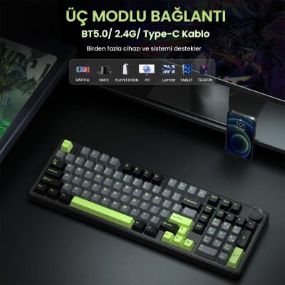 Aula F99 Pro 3 Modlu RGB Hot Swap Mekanik GrayWood V3 Switch Kablosuz Makrolu Gaming Klavye Yeşil - 4