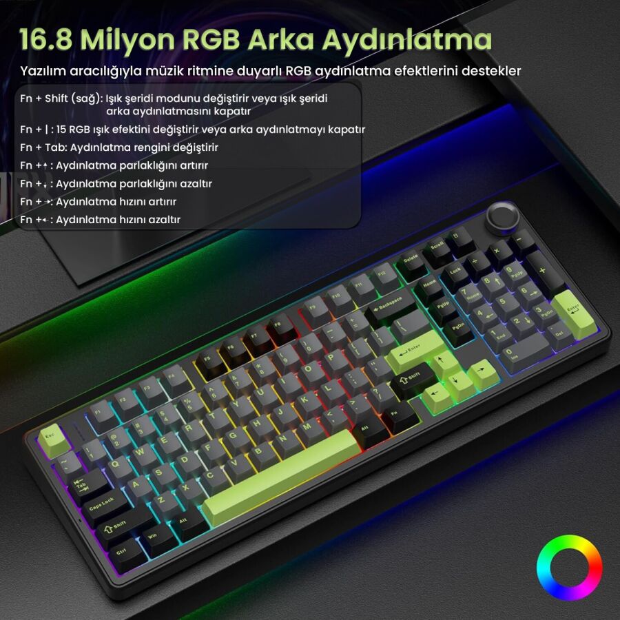 Aula F99 Pro 3 Modlu RGB Hot Swap Mekanik GrayWood V3 Switch Kablosuz Makrolu Gaming Klavye Yeşil - 5
