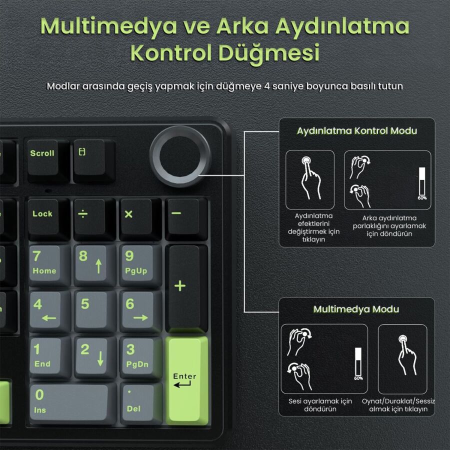 Aula F99 Pro 3 Modlu RGB Hot Swap Mekanik GrayWood V3 Switch Kablosuz Makrolu Gaming Klavye Yeşil - 6