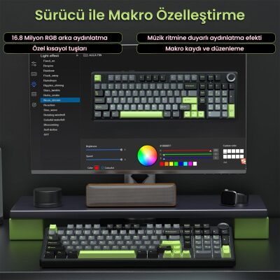 Aula F99 Pro 3 Modlu RGB Hot Swap Mekanik GrayWood V3 Switch Kablosuz Makrolu Gaming Klavye Yeşil - 7