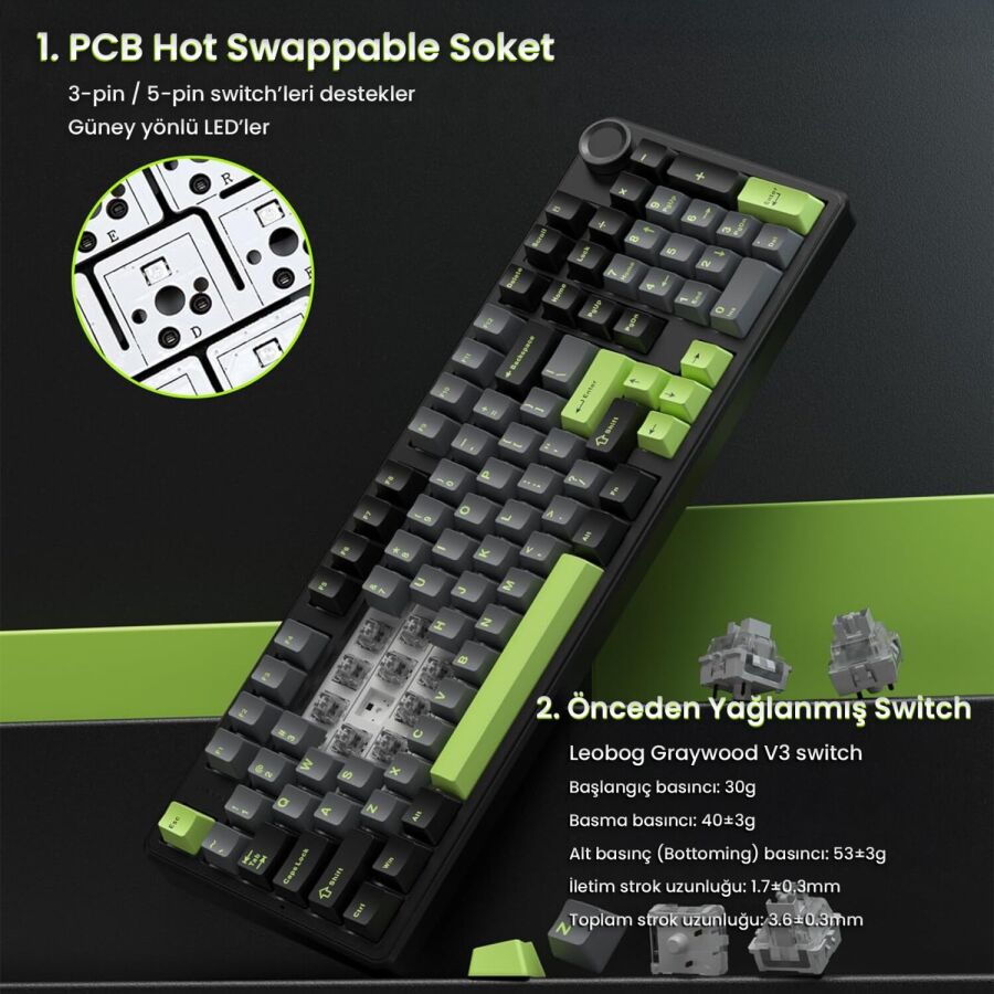 Aula F99 Pro 3 Modlu RGB Hot Swap Mekanik GrayWood V3 Switch Kablosuz Makrolu Gaming Klavye Yeşil - 9