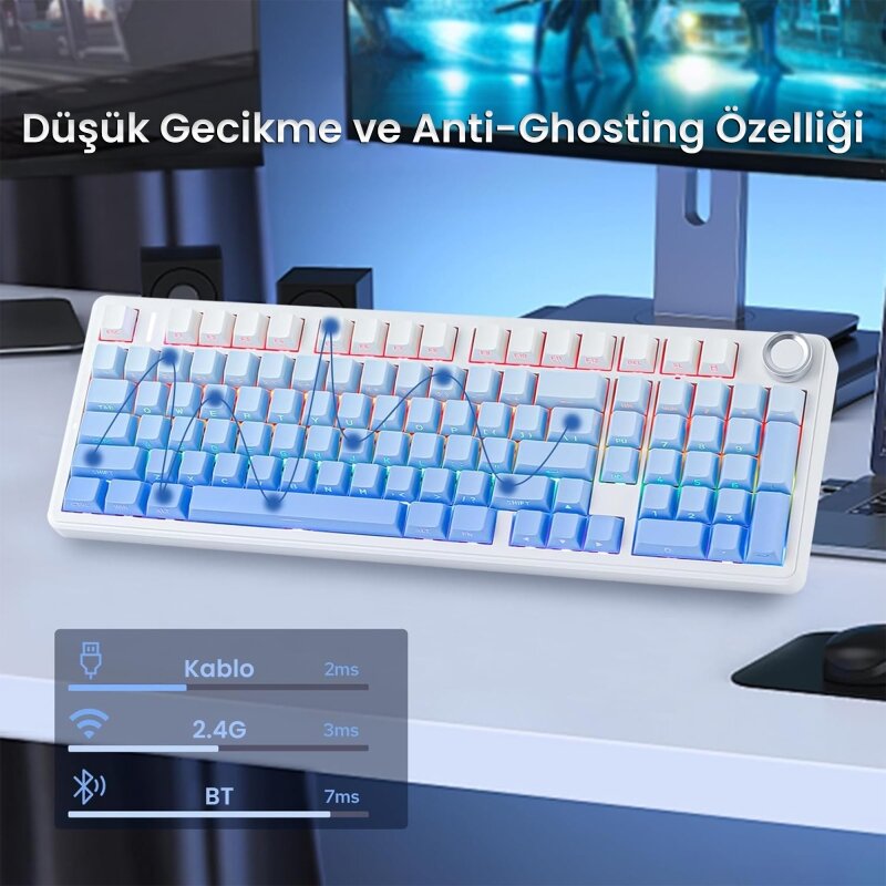 Aula F99 Pro 3 Modlu RGB Hot Swap Mekanik Nimbus V3 Switch Kablosuz Makrolu Gaming Klavye Gradyan Mavi - 4