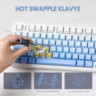 Aula F99 Pro 3 Modlu RGB Hot Swap Mekanik Nimbus V3 Switch Kablosuz Makrolu Gaming Klavye Gradyan Mavi - 6