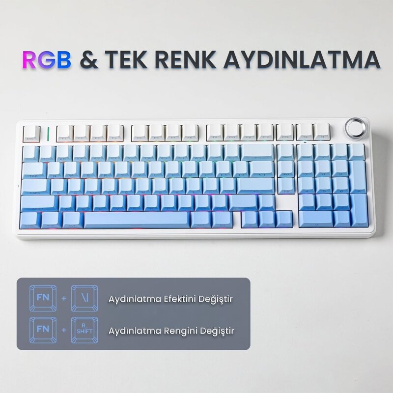 Aula F99 Pro 3 Modlu RGB Hot Swap Mekanik Nimbus V3 Switch Kablosuz Makrolu Gaming Klavye Gradyan Mavi - 7
